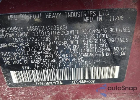 2009 Subaru Forester 2.5X z USA, uszkodzony, nr VIN JF2SH616X9H775557